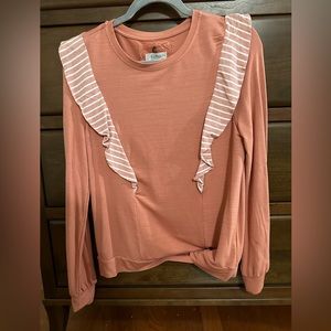 NWOT. Salmon colored top with striped ruffles. Long sleeve. Small. Cupio